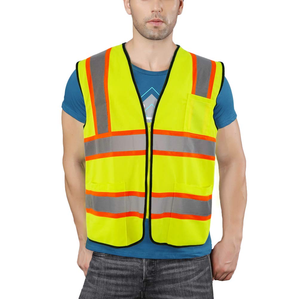 T-ShengT-Sheng Mesh and Knitted Safety Vest for Men with Pockets,Bright Neon vest and Reflective Strips Construction Vest Fit Unisex, Yellow, Medium