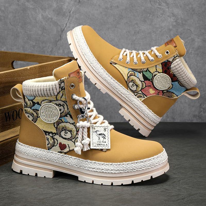 Designer Combat Boots with Teddy Bear Pattern, Lace-Up Platform Ankle Boots, Available in Beige, White, Black, Canvas Leather3