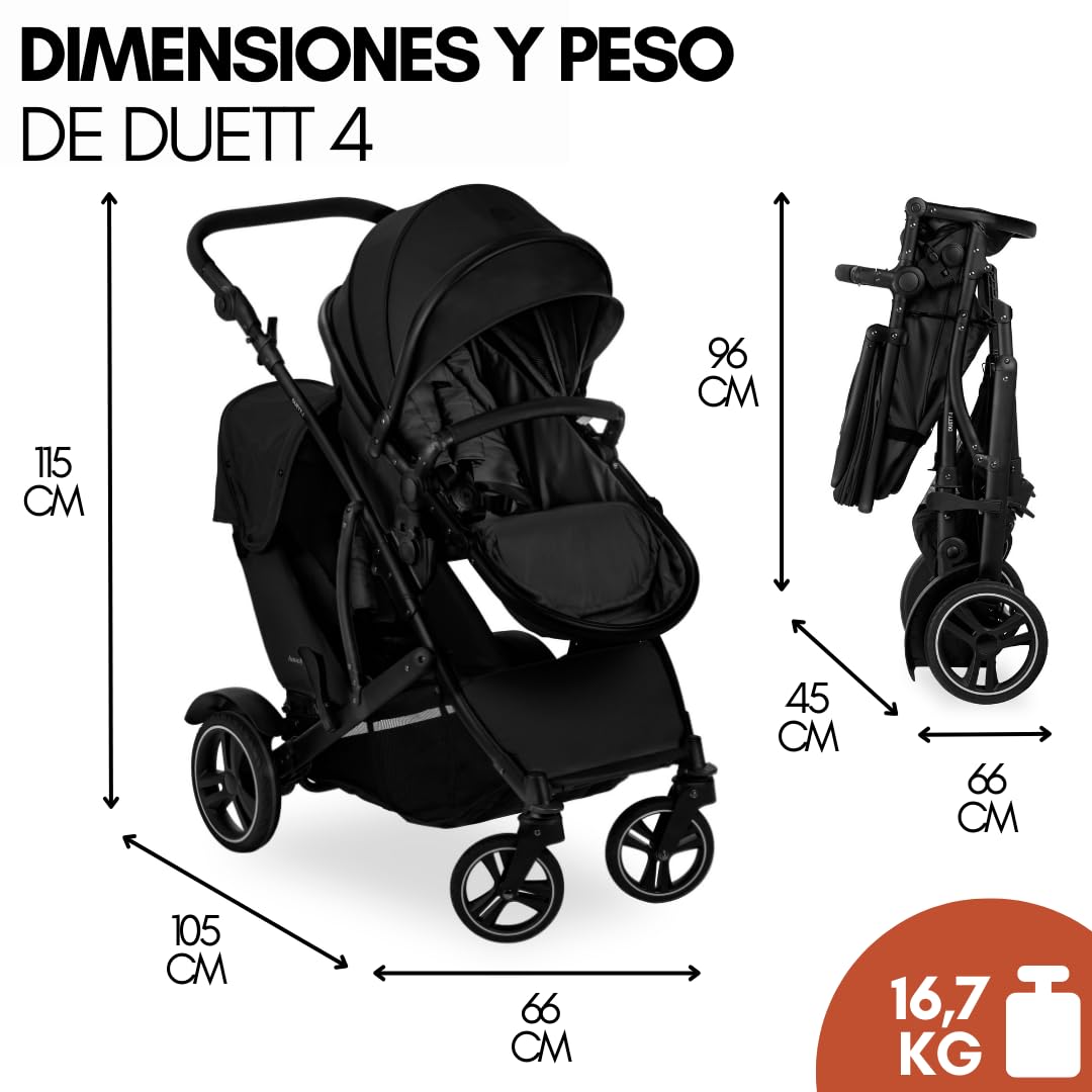 hauck Duett 4 Carrito Bebe Gemelos Reclinable - Carro Doble para 2 Niños - Silla de Paseo Gemelar incl. Cubrepiés y Burbuja de Lluvia - Negro