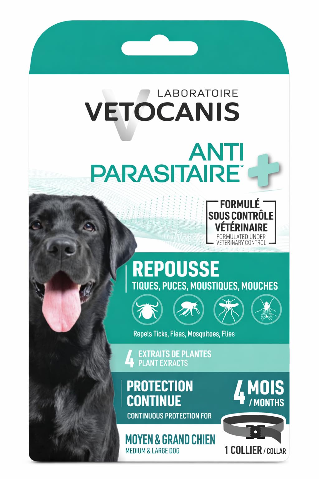 Vetocanis Halsband gegen Parasiten, mittelgroße und große Hunde – wirksames Hundehalsband für bis zu 4 Monate – 4 kombinierte Wirkstoffe – Zecken, Flöhe, Mücken und Fliegen