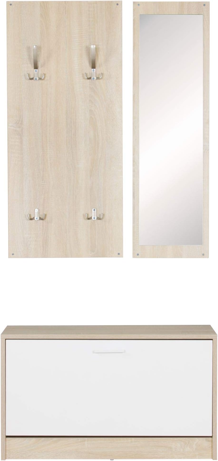 WOHNLING Jana Wall Mounted Coat Rack with Mirror and Shoe Cabinet Chipboard Sonoma