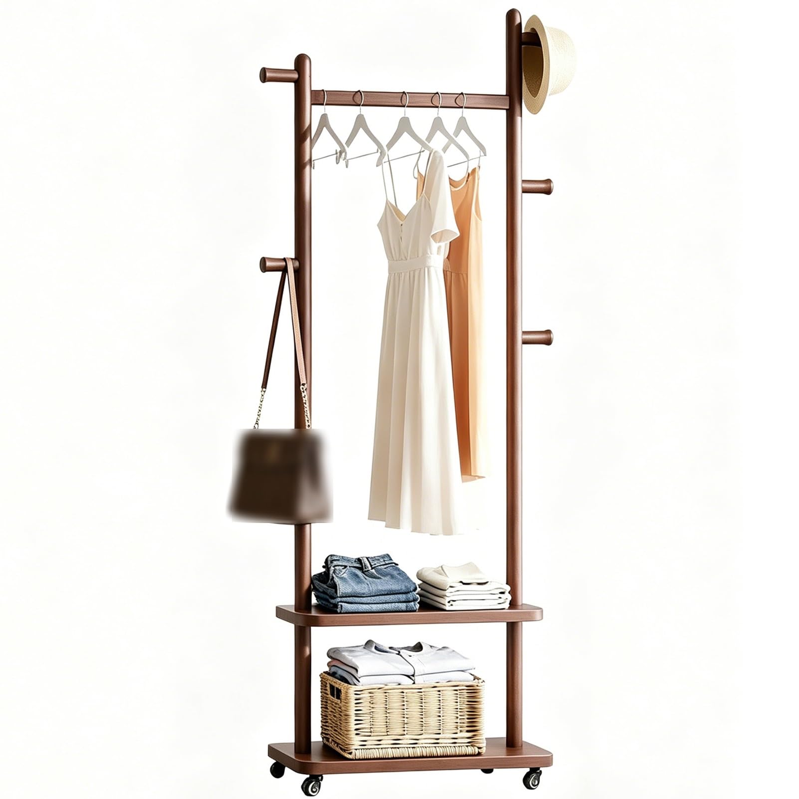 LXXSHOPDS Garment rack Solid Wood Coat Rack With 2 Shelves And 5 Hooks, Single Rod Clothes Rack With Wheels