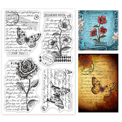 GLOBLELAND Vintage Sketch Mariposa Rosa Amapolas Sellos Transparentes Letras Escritas A Mano Sellos Transparentes de Silicona para Hacer Tarjetas DIY Scrapbooking Photo Journal Album Decoration