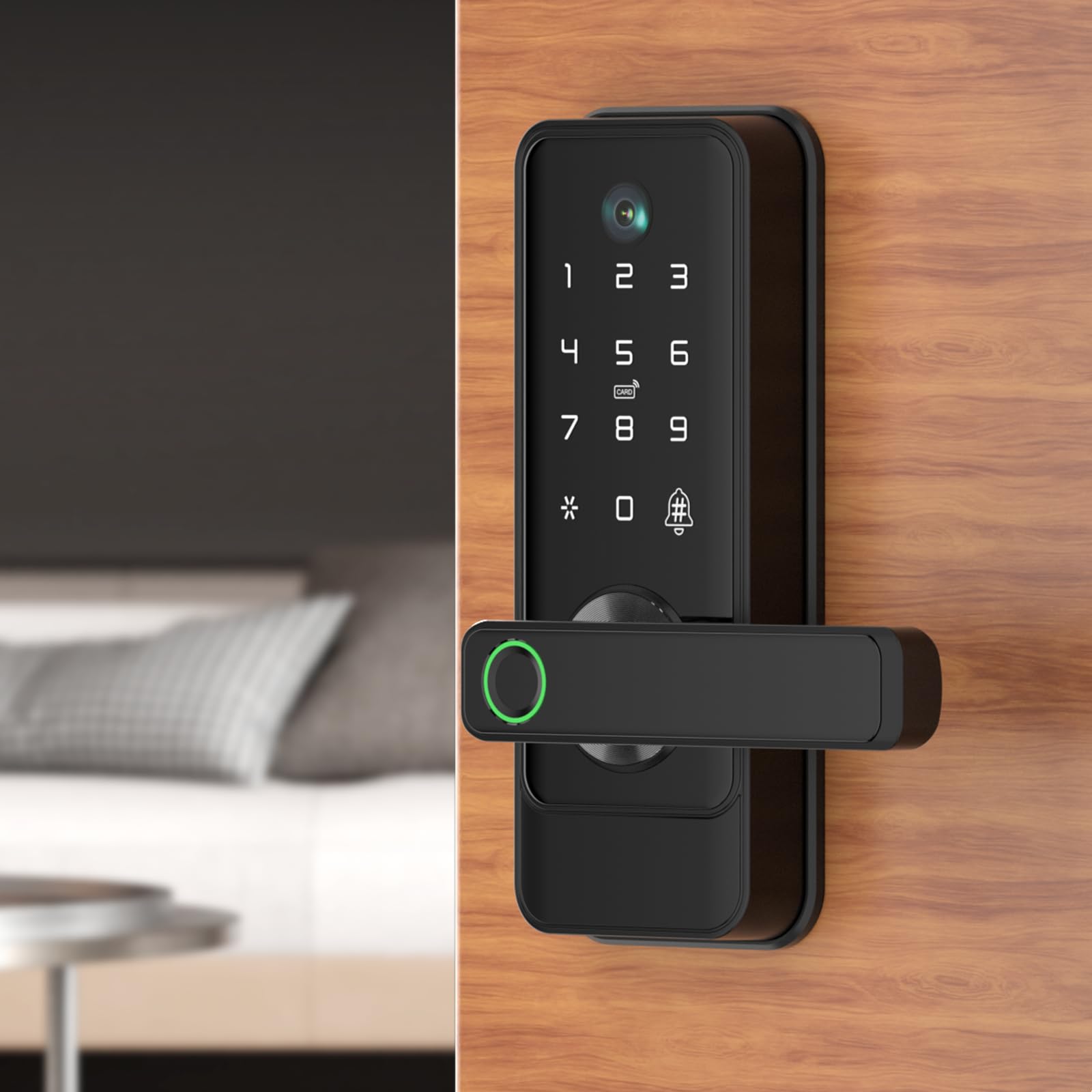 Cerradura de puerta inteligente con anillo de agujero abierto, cámara de timbre de puerta, huella dactilar, contraseña, llave, tarjeta IC/NFC, aplicación, desbloqueo WiFi, aleación de aluminio,