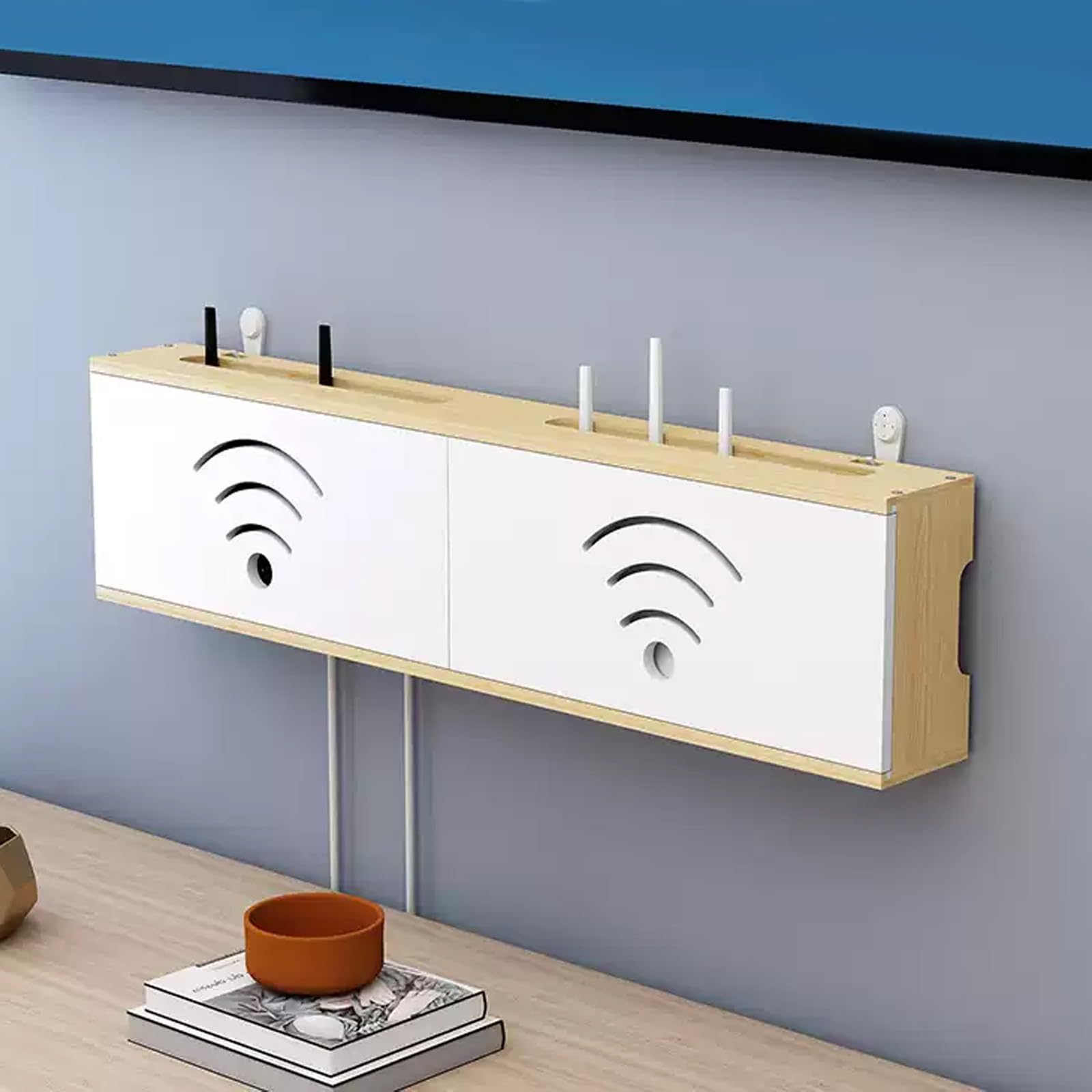 Boîtier de gestion de câbles caché pour routeur WiFi, support mural en bois pour modem, décodeur, multiprise, cordons – Idéal pour le salon, le bureau, la chambre à coucher