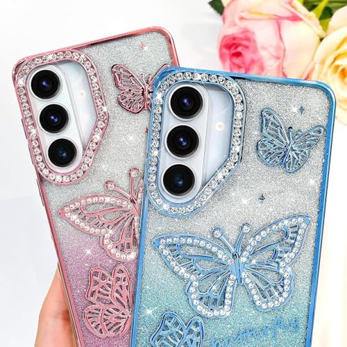 Image of Elzzi Electroplated Butterfly Phone Cover for Samsung S26 Plus Case, Showcasing Pearlescent Diamond Soft TPU, Camera Protection, Shockproof, Dropresistant Stylish for Girls & Women (Sierra Blue)