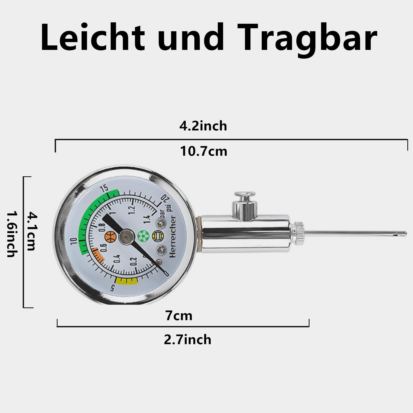 Jauge de pression d'air de précision pour football, basketball, volleyball et rugby - Boîtier en métal robuste et affichage clair (0-20 PSI/0-1,4 bar) - Aiguille pour toutes les valves à bille