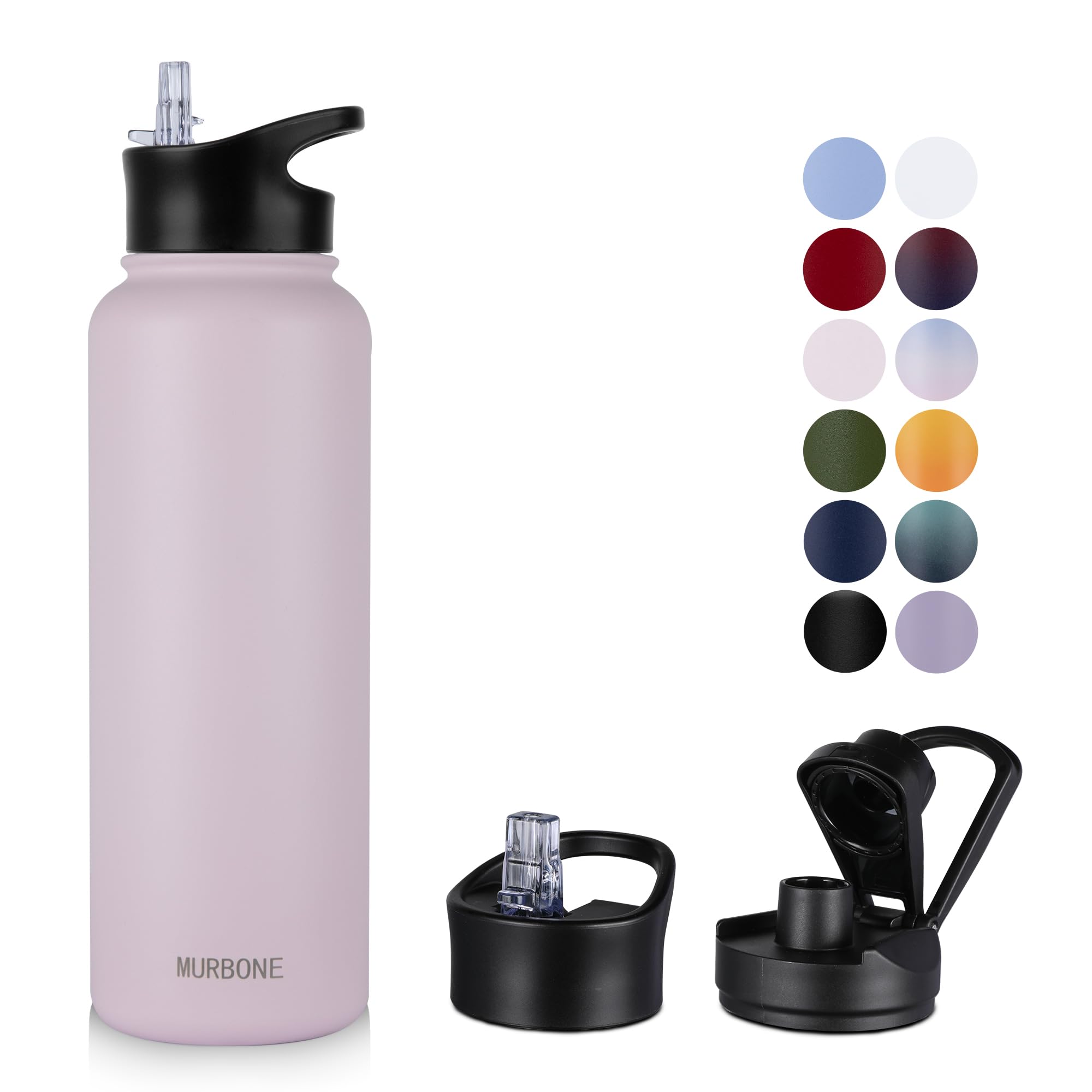 MURBONE Insulated Water Bottle, 1.2L Stainless Steel Drink Flask with Straw, BPA Free, 2 Lids (Straw Lid and Spout Lid)
