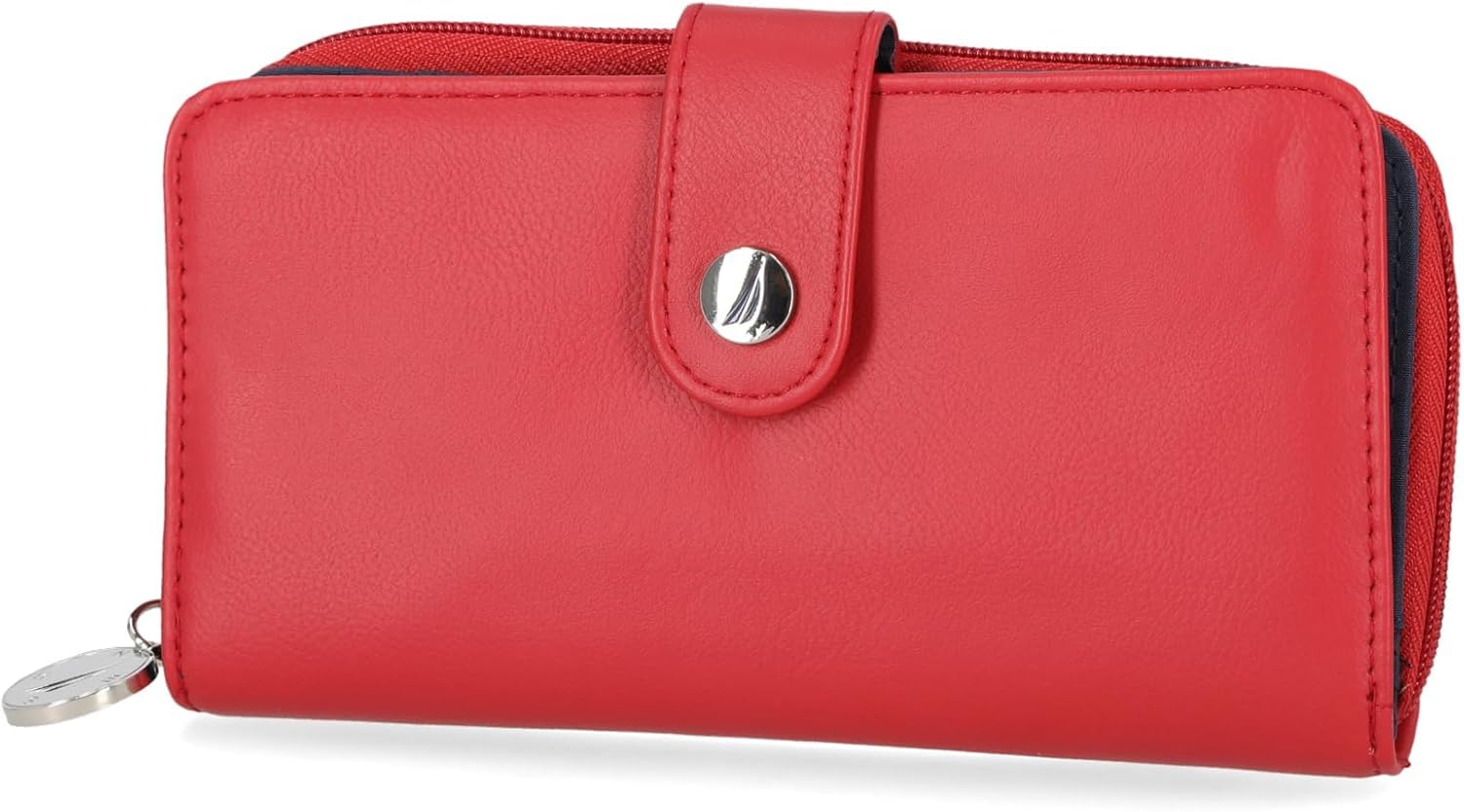 NauticaBe Shore Zip Around Wallet for Women RFID Vegan Leather Clutch, Bifold Organizer with Phone Holder, Card Slots, and Checkbook Pocket, Fuego Red