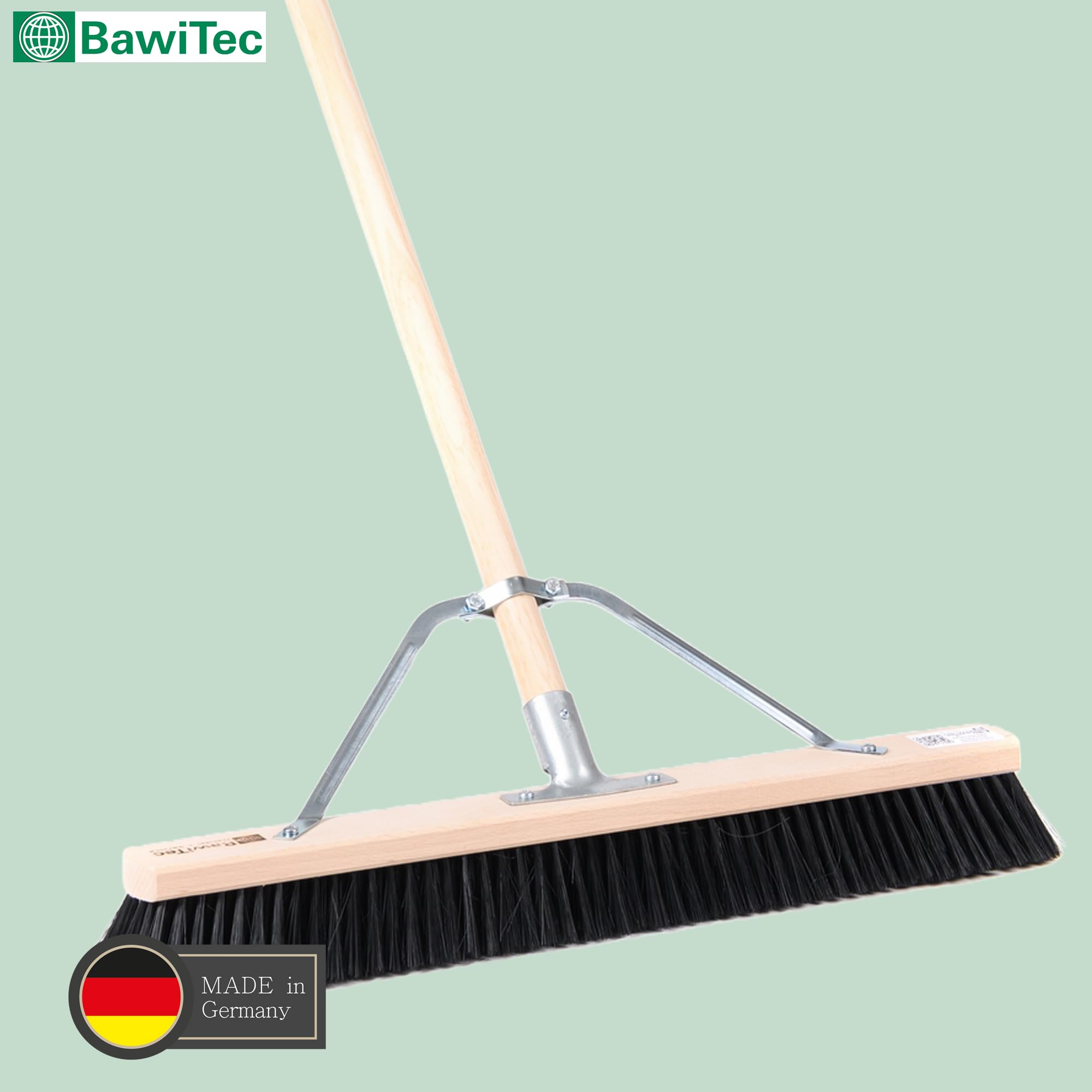 Profi Saalbesen 60cm mit Stiel 160cm weiche Kunsthaar Borsten Besen Stabi | Spezieller Stielstabilisator/Zusatzhalterung, Besenstiel Ø28mm, Weiche Feine Kunsthaar-Poly-Borsten