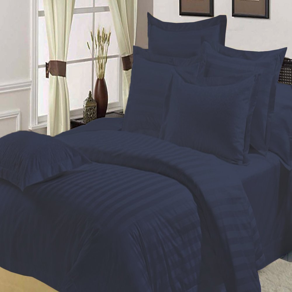 Noble Comfort Linen { 3 PCs Duvet Cover + 1 Fitted Sheet 400 Thread Count 100% Pima Cotton Navy Blue Color 14 Inch Deep Pocket Full Stripe Pattern