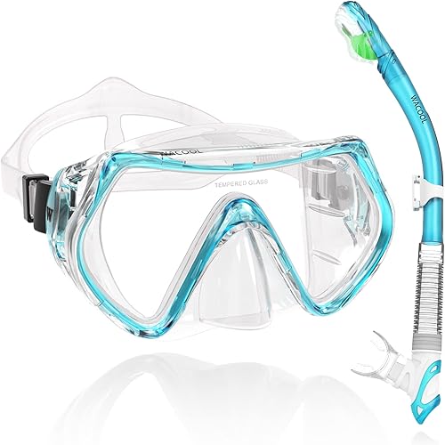 WACOOL Juego de buceo profesional con válvula de purga de vidrio recubierto antivaho y pieza de boca de silicona antisalpicaduras para hombres y
