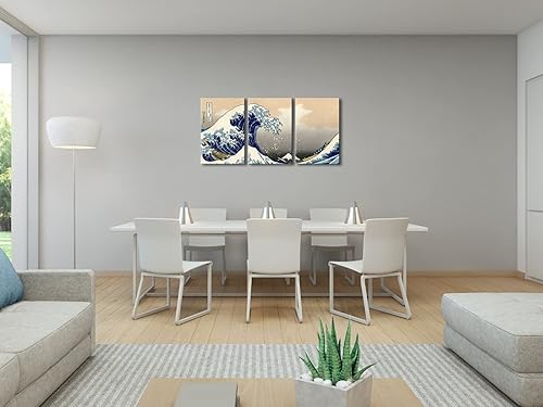 Vista 4 de Wieco Art Great Wave of Kanagawa Katsushika Hokusai 3 piezas modernas sobre lienzo estirado impresiones sobre lienzo, arte de pared para decoración
