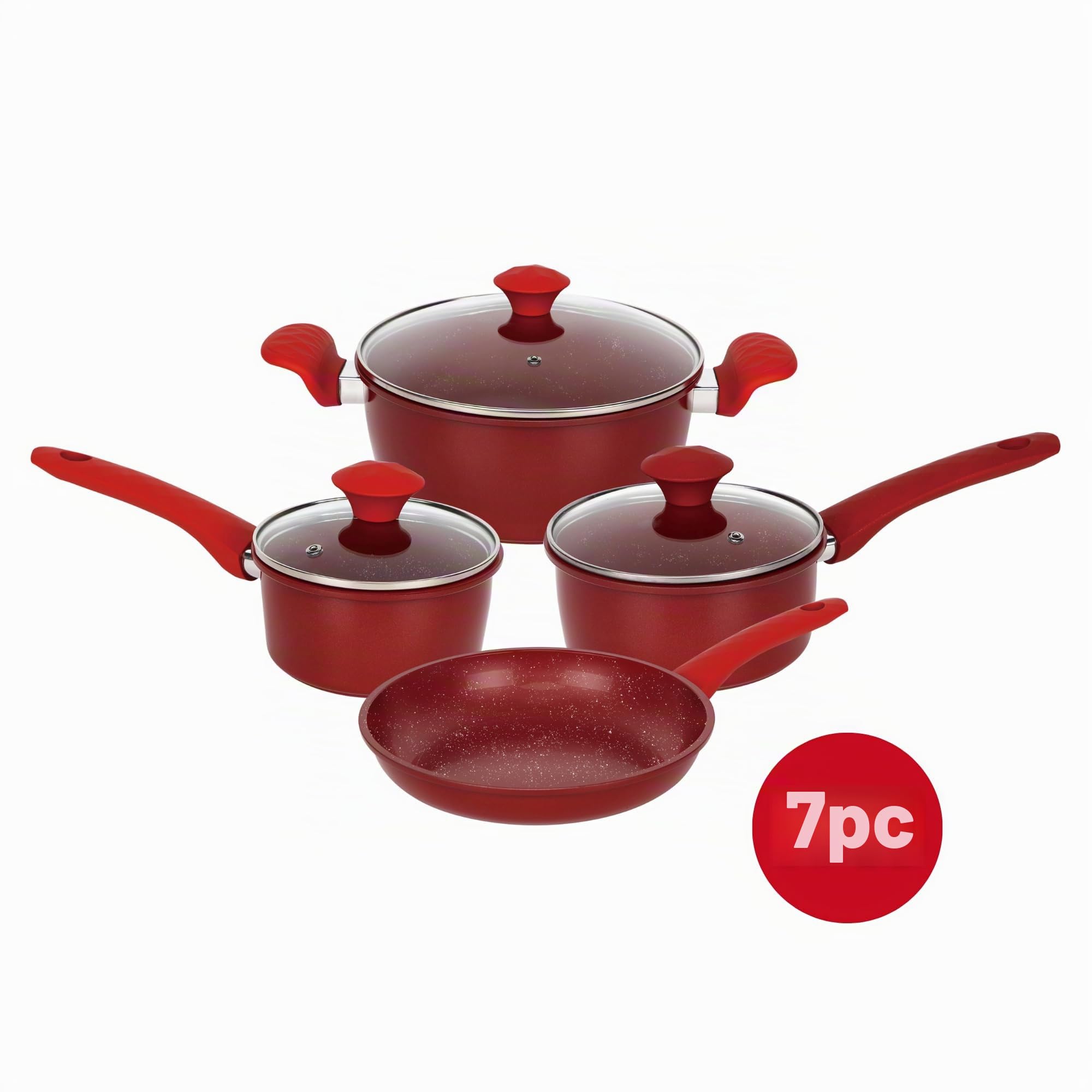 Herzberg,HG04715-RED, Juego de utensilios de cocina con revestimiento antiadherente, retención de calor, mangos ergonómicos, fácil de limpiar, 7 piezas, rojo