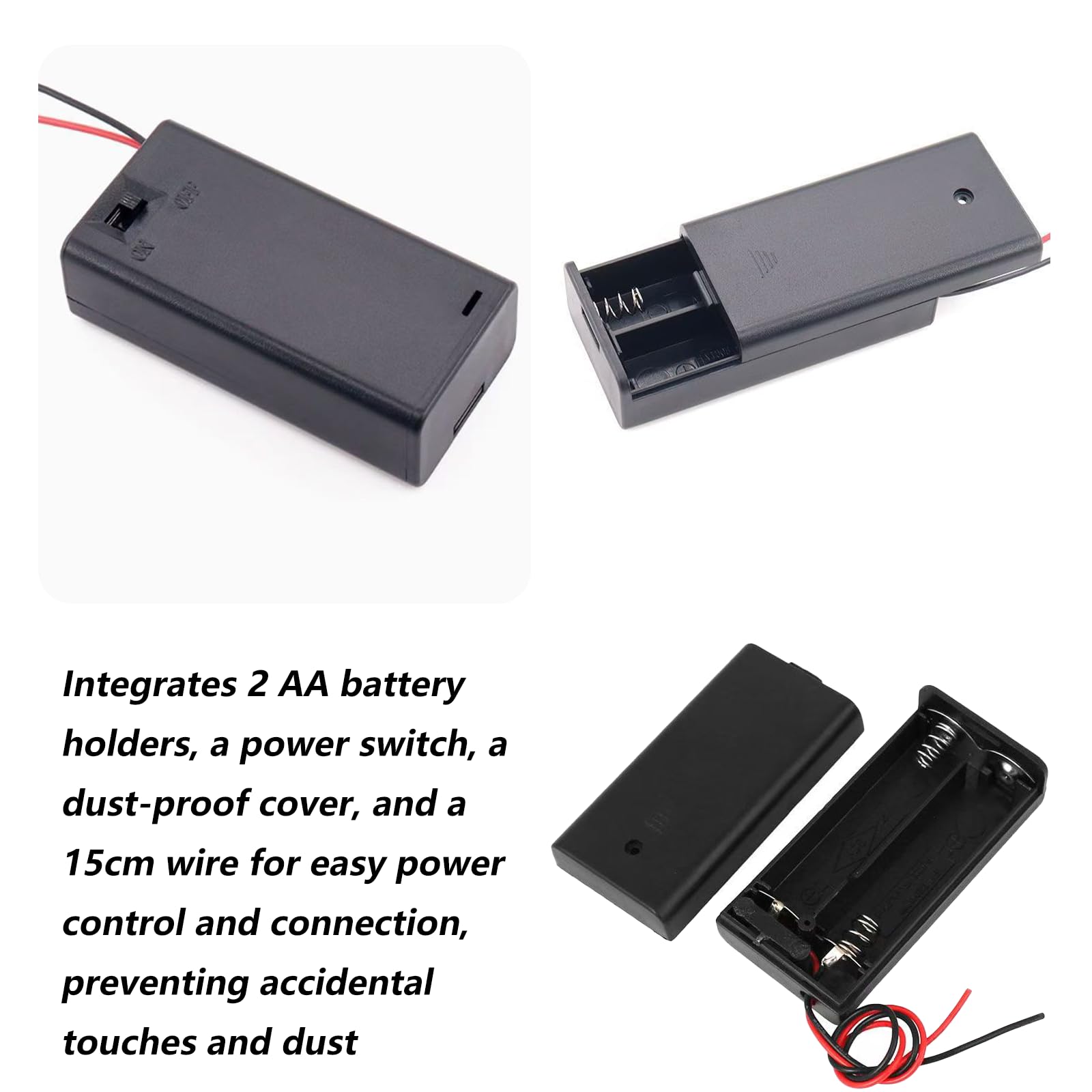 10 Piezas Soporte de Batería Plástico para 2 Pilas AA 3V con Tapa, Portapilas AA 2 Pilas, Interruptor On/Off y Cables de Conexión para Proyectos Electrónicos DIY y Reemplazo de Soportes Rotos - 5