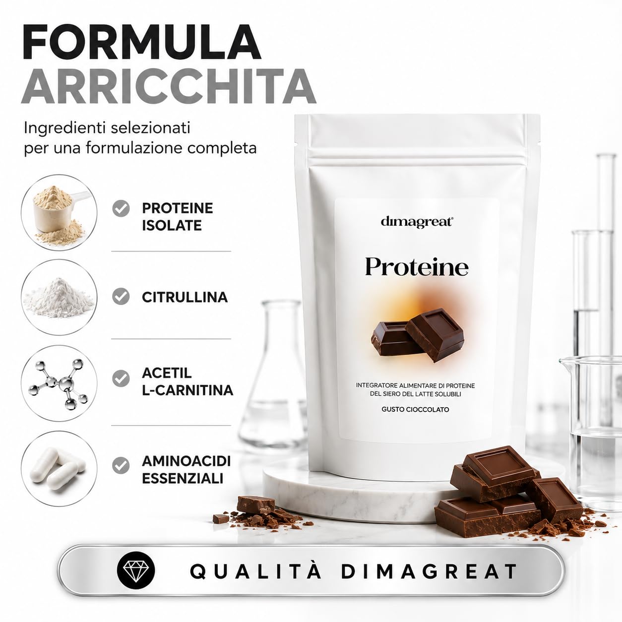 DIMAGREAT Proteine in Polvere Isolate 400g Gusto Vaniglia, Made in Italy - Con Citrullina, Acetil L Carnitina e Aminoacidi Essenziali (Vaniglia, 400g)