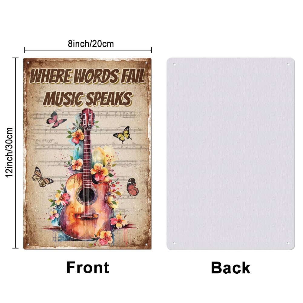 GLOBLELAND "Where Words Fall Music Speaks" Funny Guitar Music Metal Tin Sign 12x8in/30x20cm for Garage Garden Signs Art Plaque Poster Wall Decor for Home Kitchen Bar Club Coffee Shop - Image 2