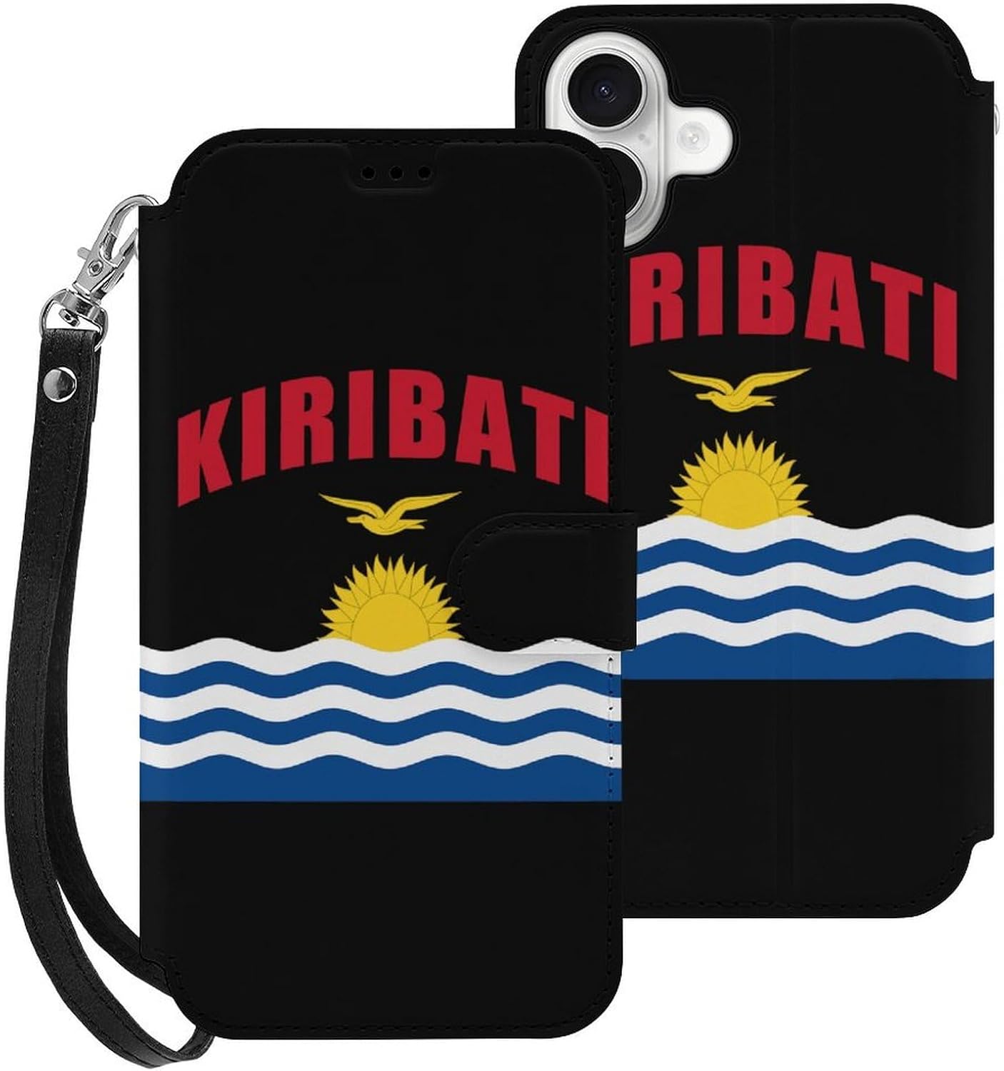 Kiribati Kiribatian Flag Compatible with iPhone 16/16 Plus/16 Pro/16 Pro Max/16 E Case Phone Wallet Card Holder Flip Cover with Wrist Strap