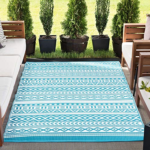 Tayse Anubis Aqua Reversible Plastic Straw Large 9x12 Outdoor Rug - Outdoor Rugs for Patios Garden Picnic Camping Mats Waterproof and Washable