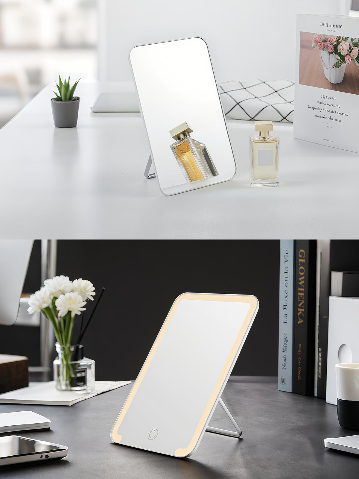 OMIRO Desk Makeup Mirror, 8 x 5 inches Table Mirror with Foldable Stand and Hanging Hole for Shaving and Travelling, White