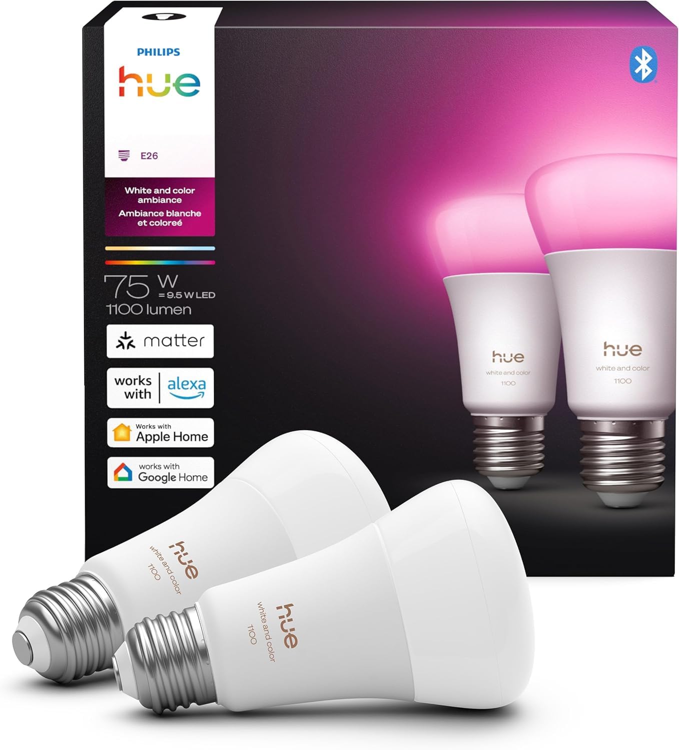 Philips Hue Smart LED A19 Bulb 2-Pack, White and Color Ambiance