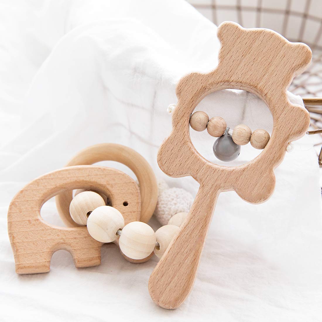 Bopoobo Wooden Baby Toy,Baby Teething Ring Crochet Beads and Wooden Baby Rattle Toys for Infants,Organic Eco Friendly Food Grade Handmade Grasping Elephant Shape Montessori Babies Teether Toys 2PCS