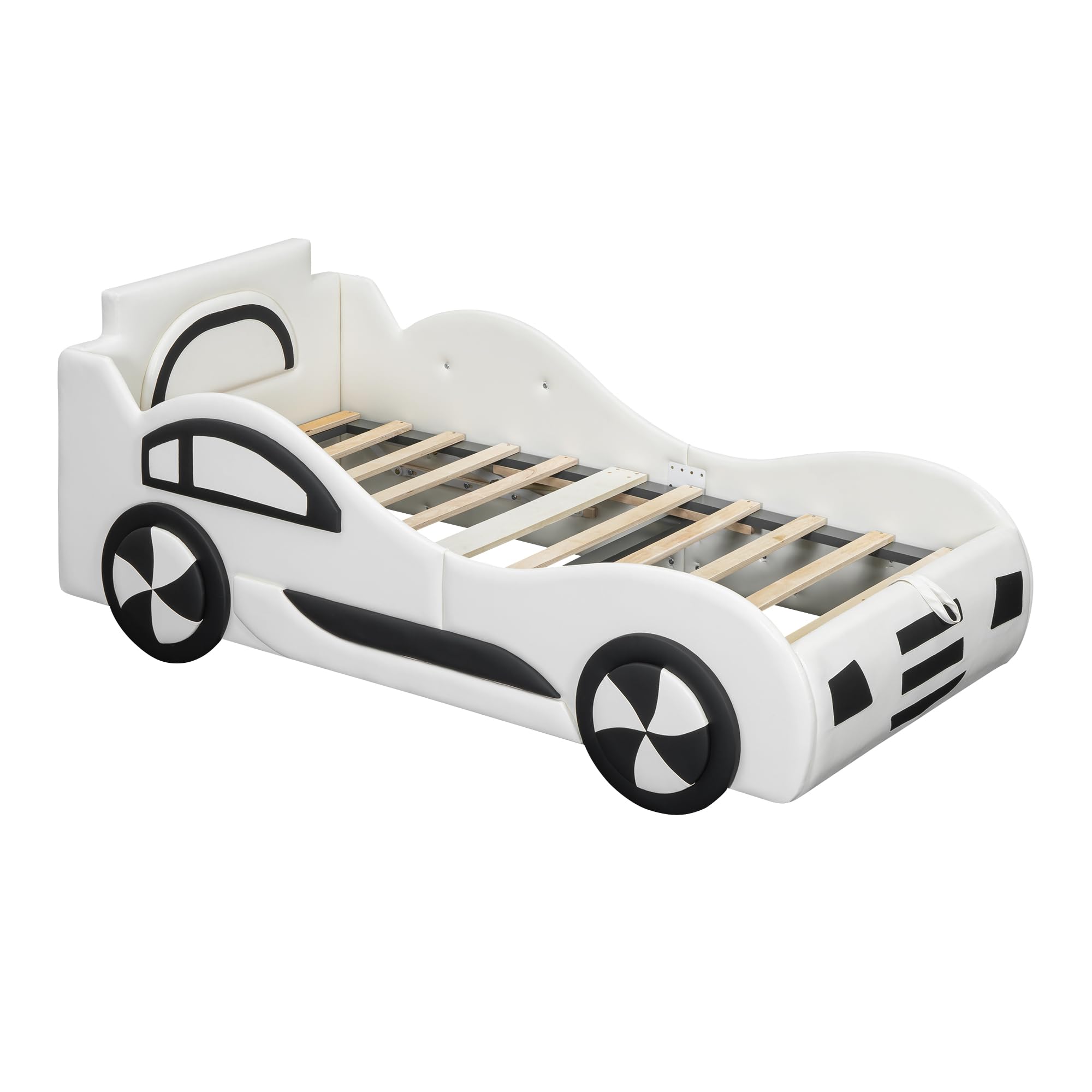 Zepneiy Lit Enfant 90x200 avec Espace de Rangement, Lit Voiture Garcon avec à Lattes, Cadre de lit Simple aus PU Blanc (sans Matelas)
