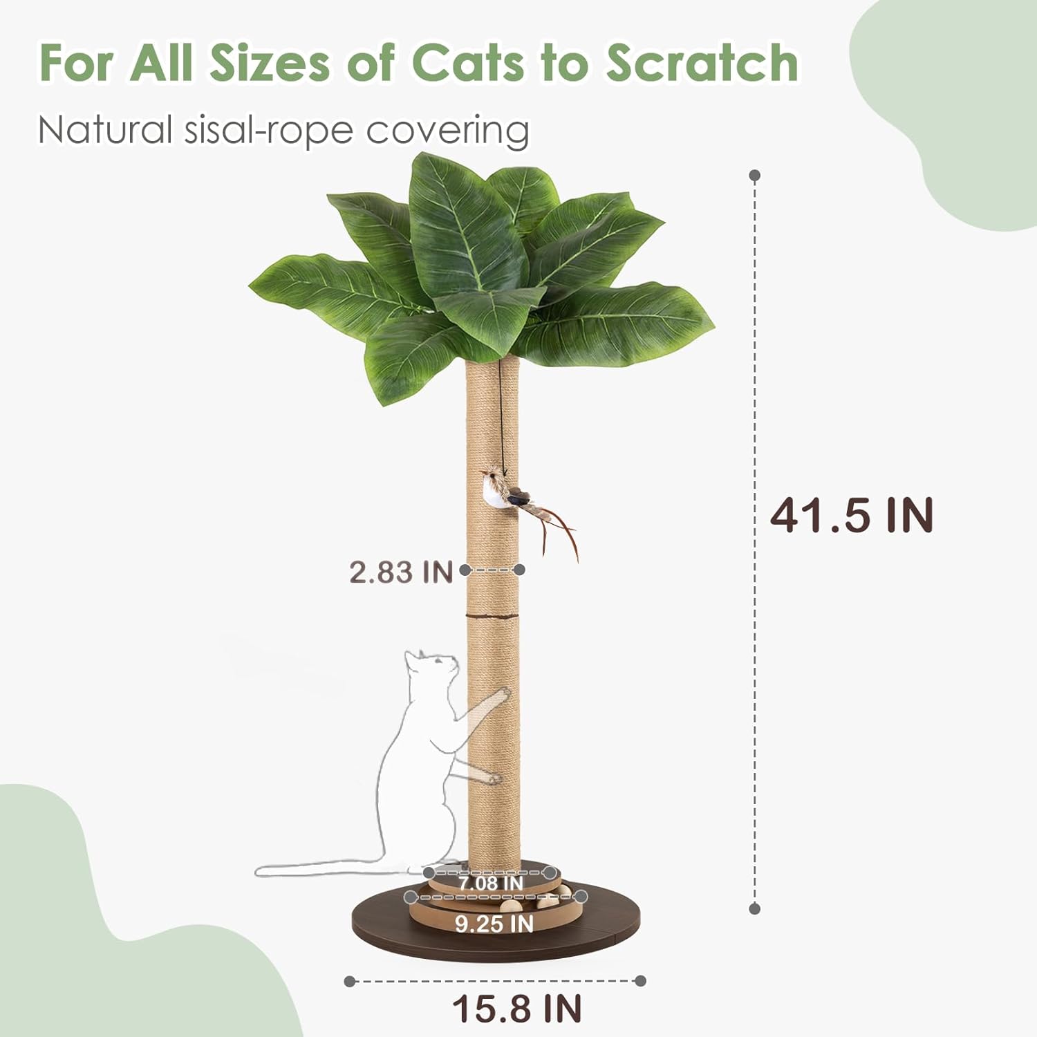 41.5 Inch Artificial Canna Leaf Cat Scratching Post, Tall Natural Sisal Cat Scratcher with Hanging Bird Toy & Interactive Track Balls, Sturdy Wide Base Cat Tree for Indoor Cats