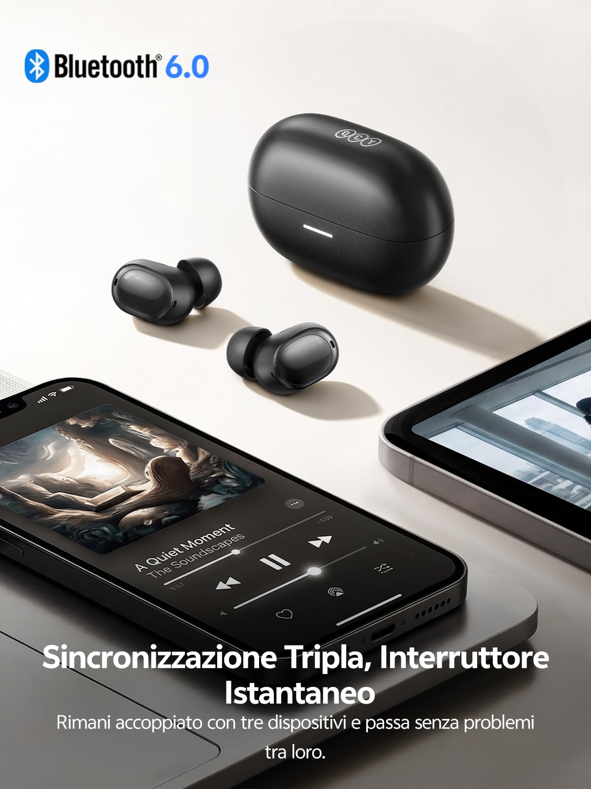 QCY MeloBuds A30 Cuffie Bluetooth Wireless con Cancellazione Attiva del Rumore Adattiva, Cuffie In Ear con ANC -60dB, 8-Mic AI, Auricolari Bluetooth 6.0, 50 Ore,IPX5, 3 Connessione dei Dispositivi
