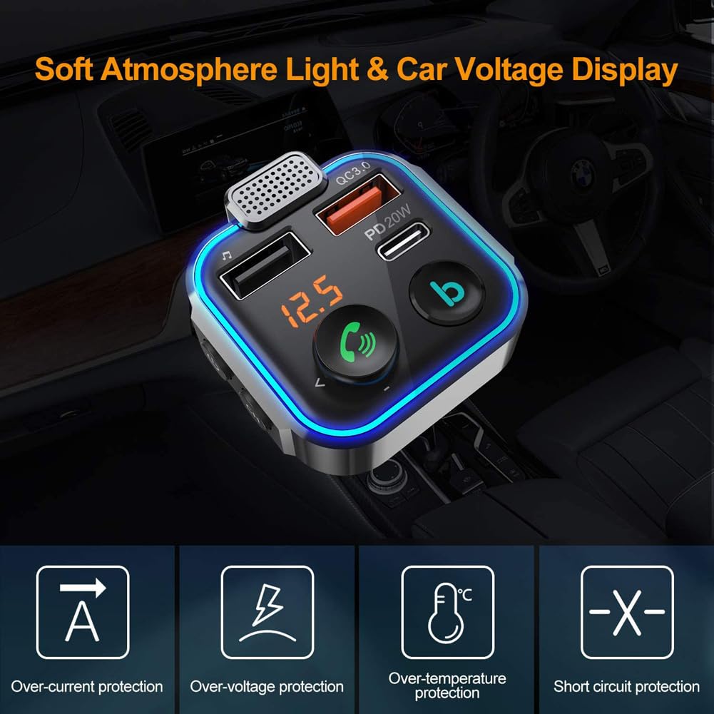 Transmisor FM para Coche 5.0 con Llamadas Manos Libres, Carga rápida PD 20W QC3.0, Reproductor de MP3