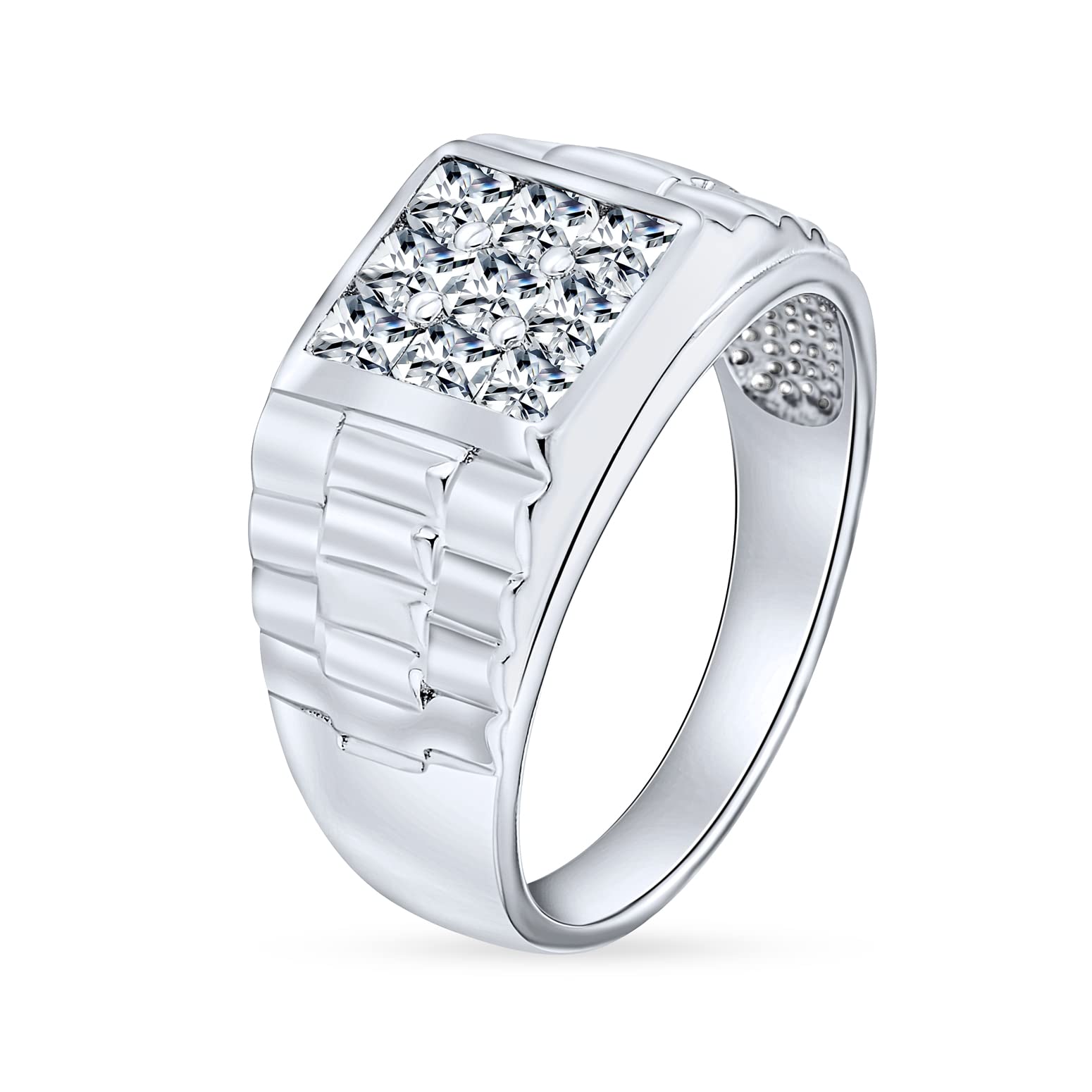Personaliza Anillo de Compromiso para Hombre con Diseño de Banda Lateral Cuadrada Geométrica de Corte Invisible AAA CZ Anillo de Meñique Declaración Unisex Mujer Talla Grande .925 Plata de Ley