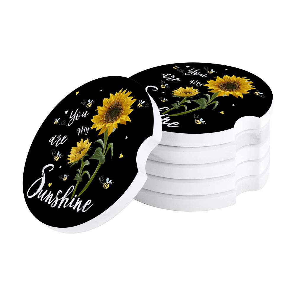 Car Coasters for Drinks Set of 2 Pack,Sunflowers Bees You are My Sunshine Love Durable Absorbent Ceramics Car Accessories Easy Removal of Auto Cup Holders for Women Men