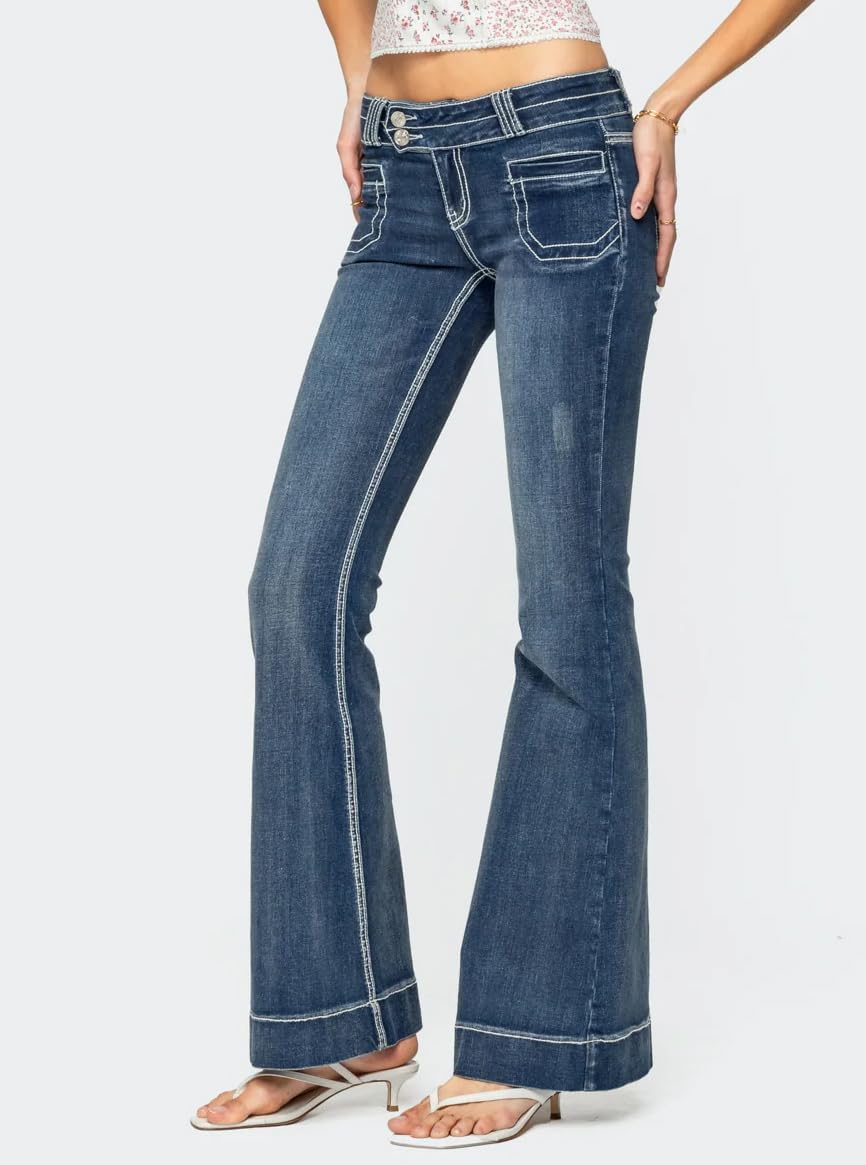 Women's Stretch Low Rise Double Button Elastic Skinny Vintage Flare Jeans - Image 2