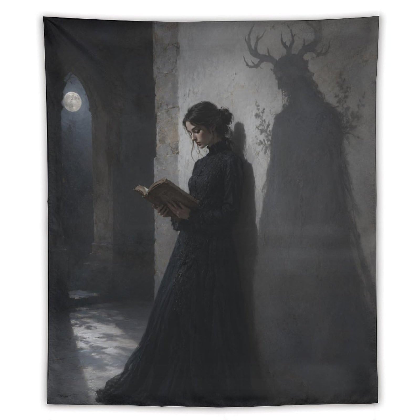 H3B8U2Y5 Woman Reading Deer Shadow Wall Tapestry, Oil Painting Style, Bed