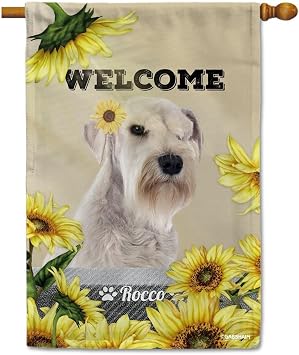 Custom White Miniature Schnauzer Welcome Sunflower House Flag Dog Drinking In The Flower Bushes Outdoor Yard Home Decor Banner 28X40 Inch Double Side