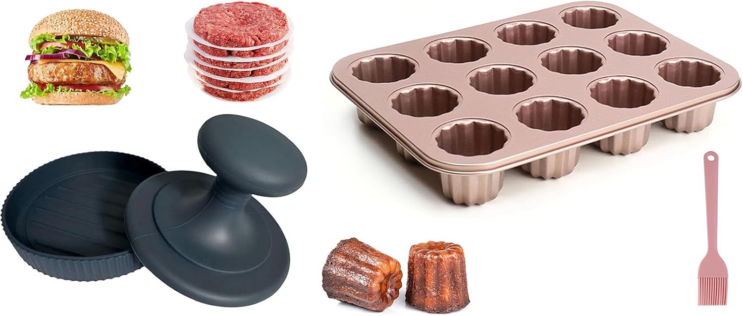 Silicone Burger Press Patty Maker 4.7" + Canele Molds 12-Cavity
