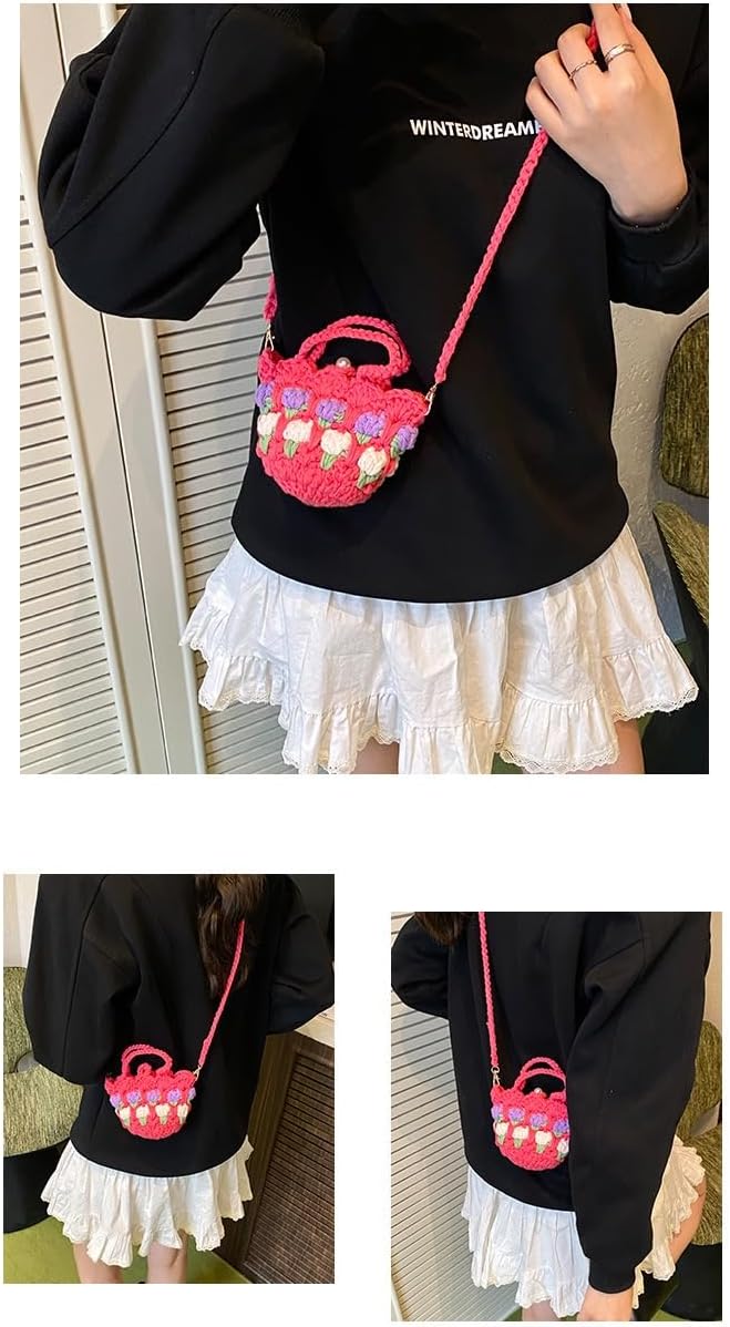 Girl Crochet Crossbody Bag Mini Strawberry Shoulder Purse for Teen Young Lady Knit INS-Trendy Money Wallet for Lipstick Phone image 2