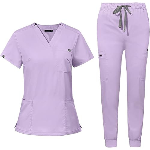 niaahinn Women's Scrub Top with Classic V-Neck & Yoga Jogger Pants Medical Nursing Uniform Set