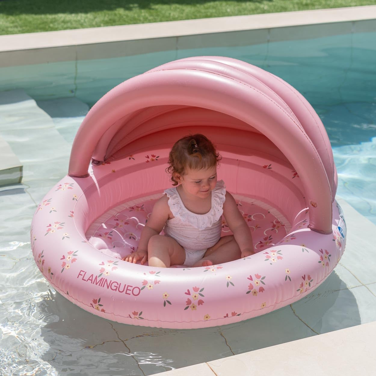 Flamingueo Mini Piscina Infantil - con Toldo para el Sol - para Playa y Jardín - PVC Resistente - Válvula Drenaje - 120 x 110 x 65 cm - Rosa