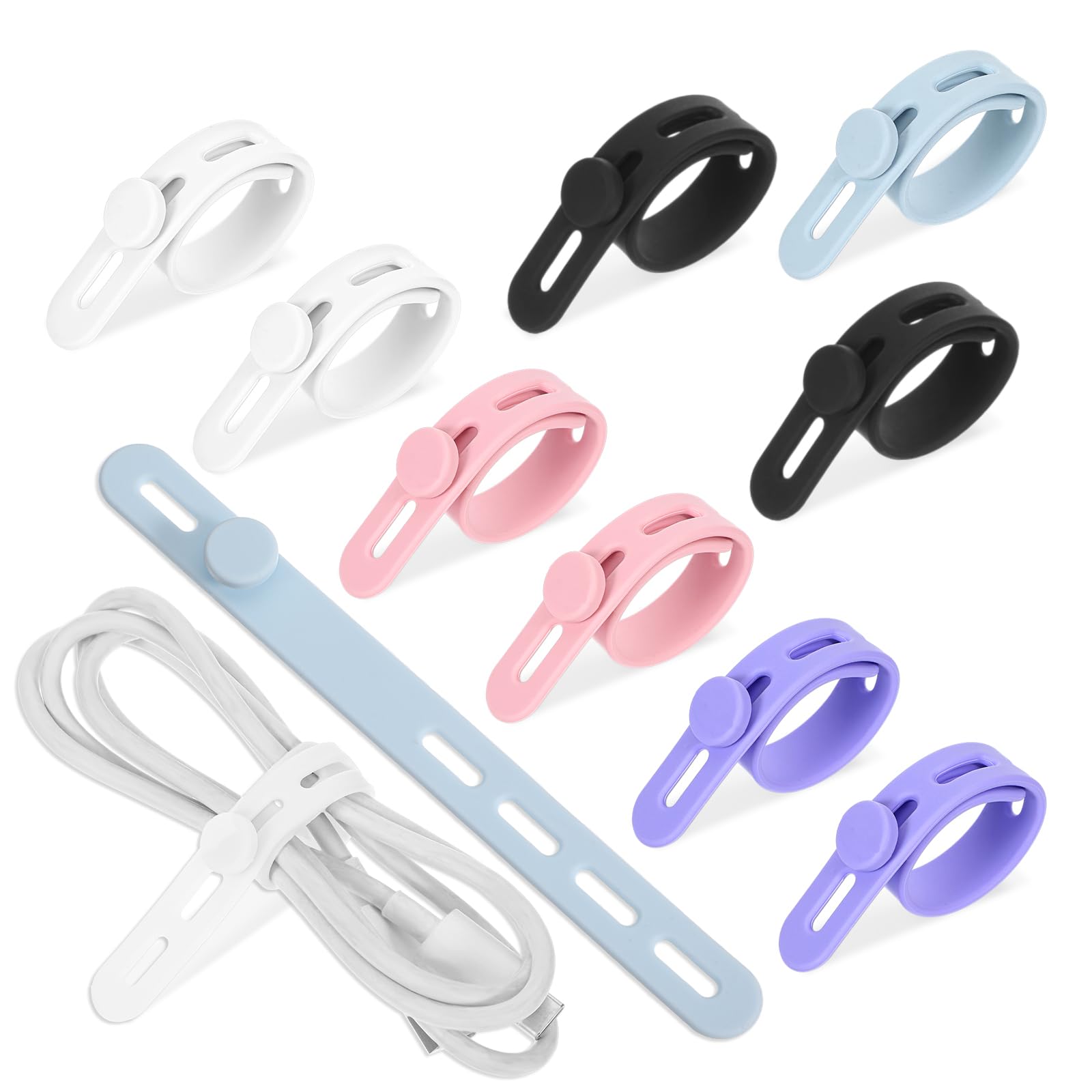 Xinjoduz 10 PCS Silicone Cable Ties, Washable Charging Cord Organizer, Reusable Cable Ties with Lock Buckle, Charger Cable Strap, Elastic Adjustable