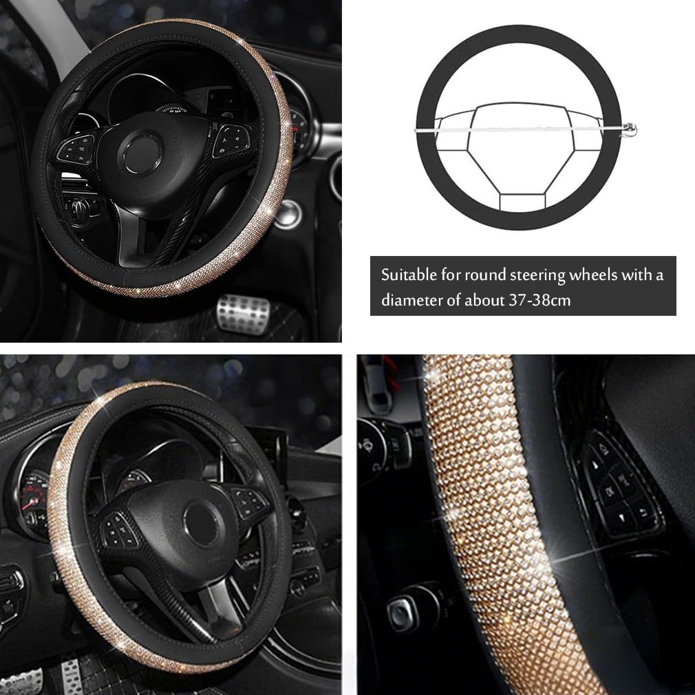 Pahajim Couvre Volant Universelle en Cristal, Housse Volant Voiture 38cm en Cuir avec Paillette Diamant Bling Strass pour Femmes Decoration Voiture (Noir-d'or)