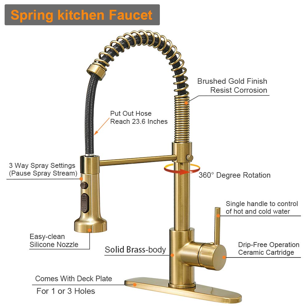 Hoimpro Brushed Gold High Arc Spring Kitchen Faucet with Pull Down
