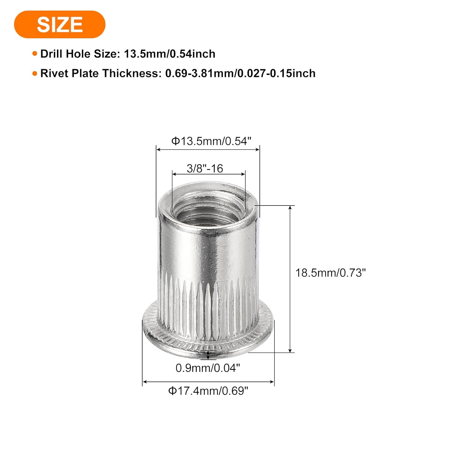 uxcell 50Pcs Rivet Nuts Flat Head, 3/8 Stainless Steel 304 Threaded Insert Nuts Knurled Body