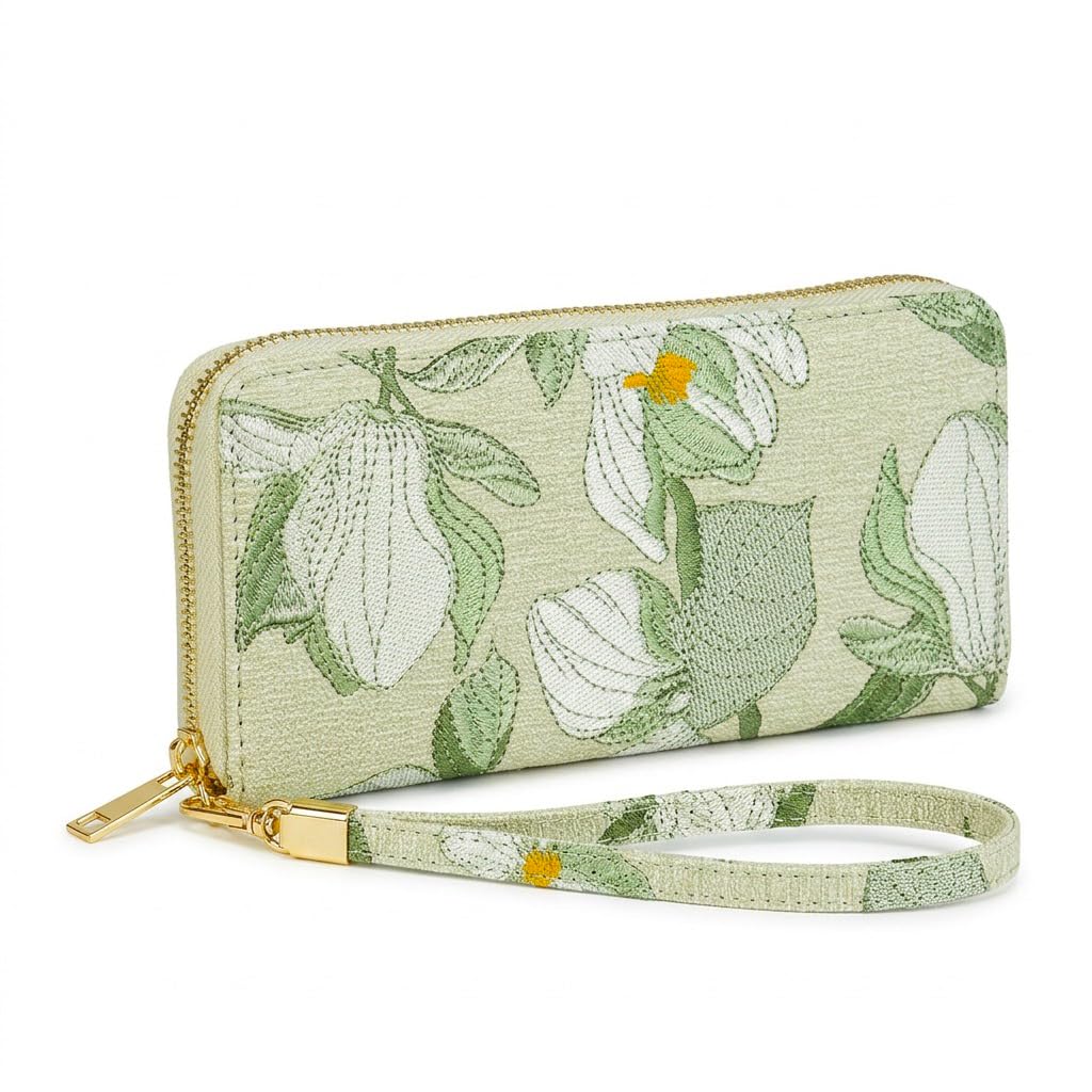 Beautiful Floral Pattern Long Wallet for Women and Girls, Luxury RFID Blocking Wallet/Purse for Girls with Attached Floral Strap (Green)-image-3