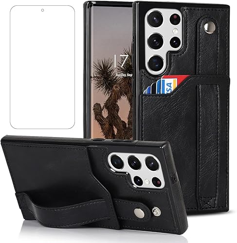 Miniatura 8 de Funda para teléfono Samsung Galaxy S22 Ultra 5G con protector de pantalla, correa de muñeca ajustable, atril, ranura para tarjeta de crédito,