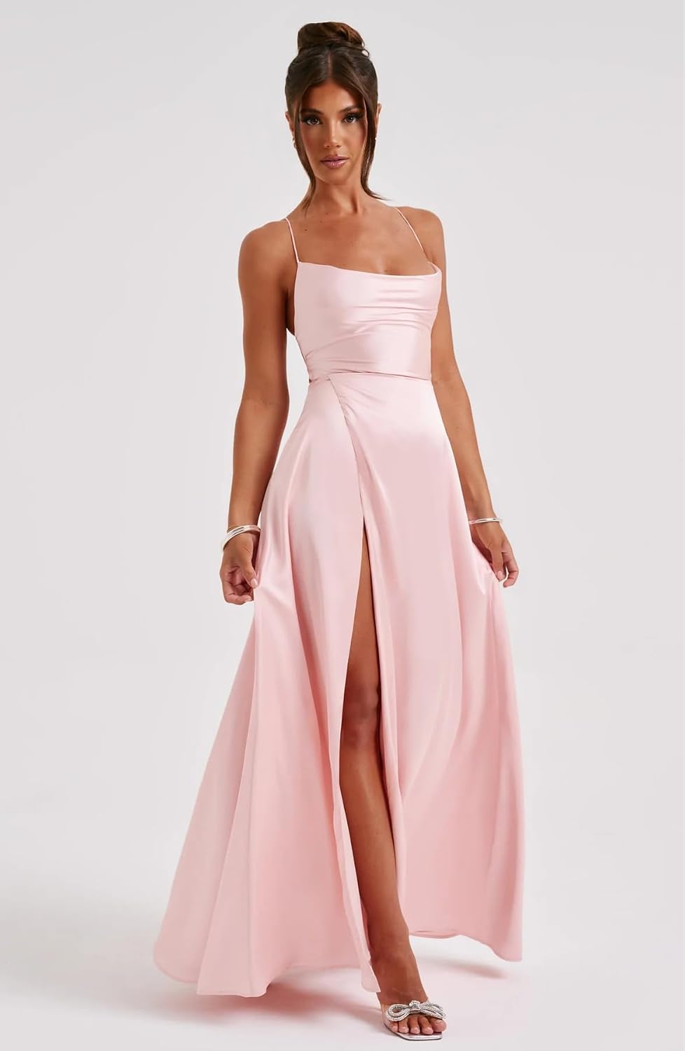 Women’s Satin Maxi Prom Dress Spaghetti Straps Open Back Formal Bridesmaid Dress for Wedding with High Slit