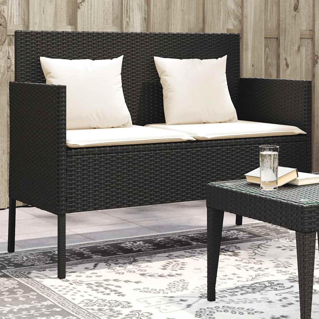 SYDE Banco de Jardín Ratán Sintético Negro con Almacenamiento | Asiento Exterior con Cojín Acolchado, Bolsa Impermeable, Apertura Segura con Resorte de Gas