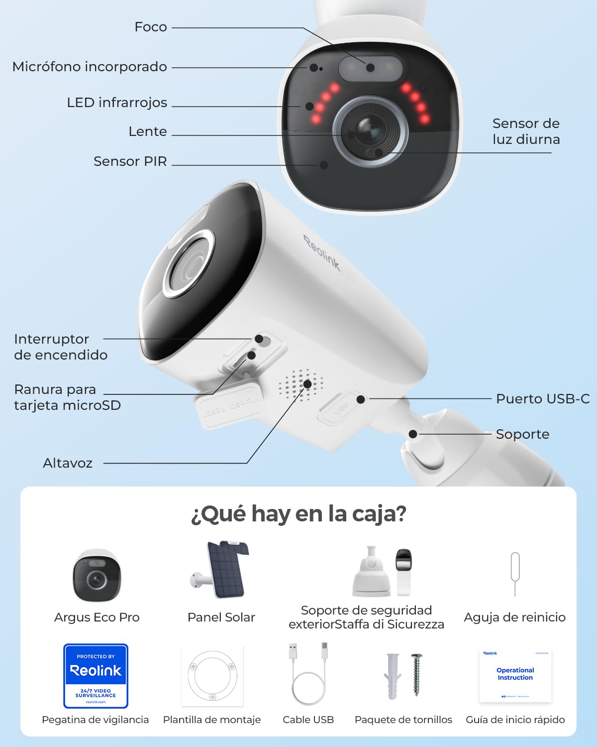 Reolink 5MP Camara Exterior Panel Solar WiFi Cámaras Sin Cables con Batería | Visión Nocturna en Color, Detección de Personas/Vehículos/Pets, 2,4GHz/5GHz Wi-Fi, Cloud, Argus Eco Pro con Panel Solar