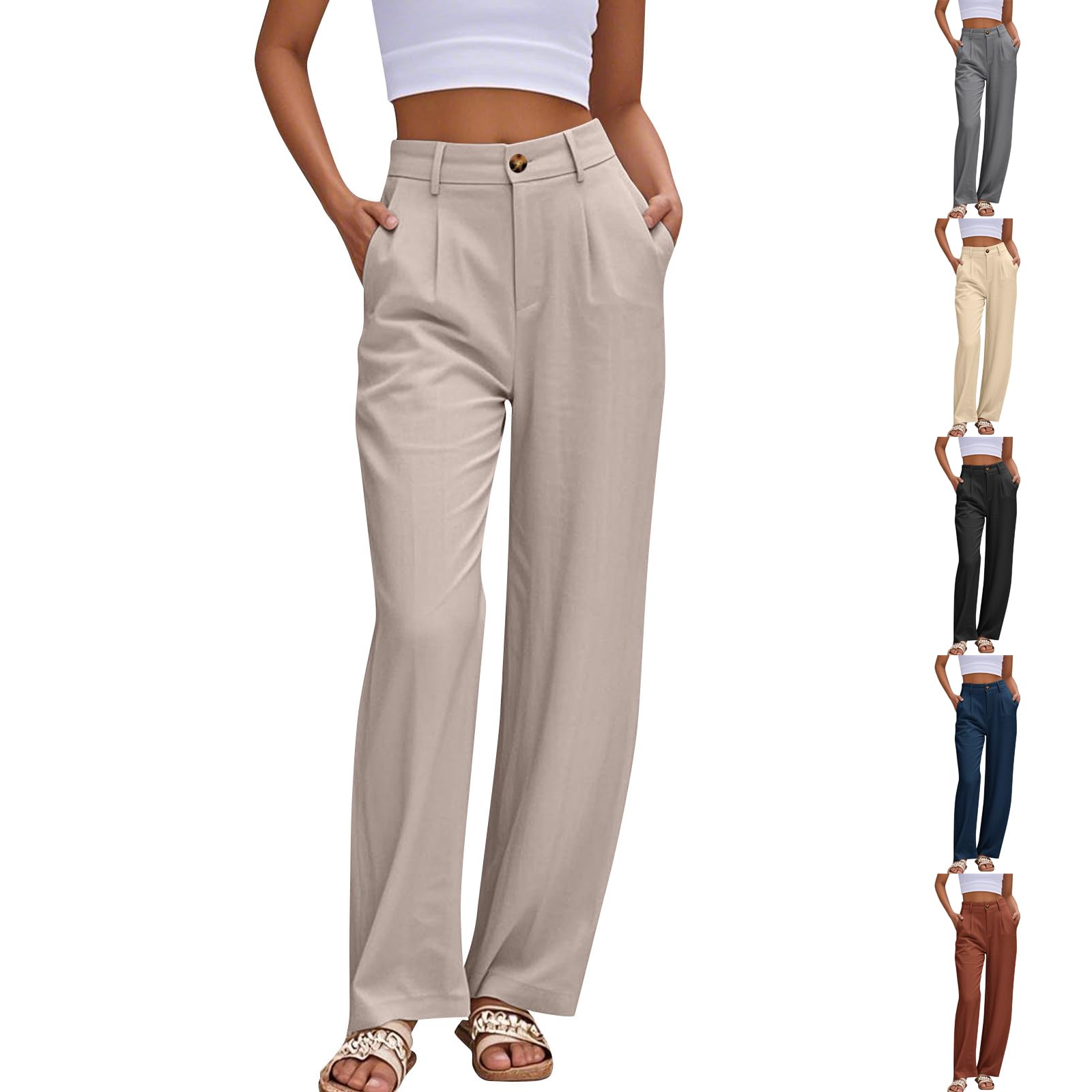 Linen Dress Pants for Women Baggy Button High Waisted Wide Leg Trousers Casual Breathable Work Pants with Pockets