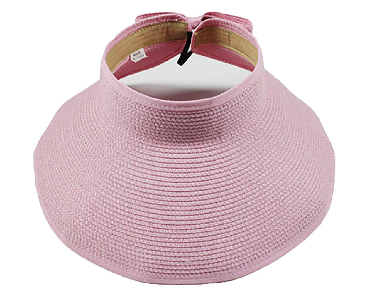 Ulalaza Women's Summer Foldable Straw Sun Visor w/Cute Bowtie UPF 50+ Packable Wide Brim Roll-Up Visor Beach Hat Pink